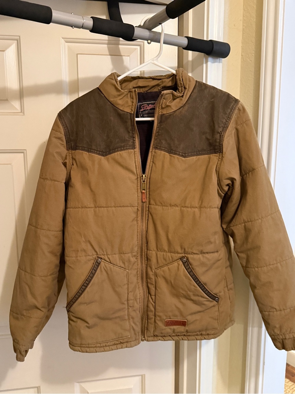 Rafter C Tan Puffer Jacket with Brown Yoke